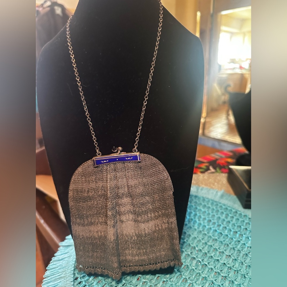 Antique Silver, Enamel & Sapphire Metal Mesh Chainmail Purse